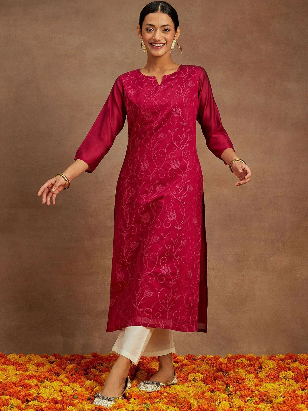 Libas Floral Printed Thread Work Chanderi Silk Kurta - Image 2