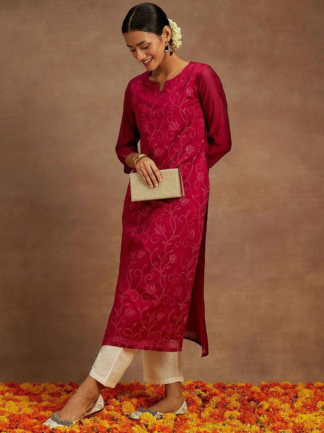 Libas Floral Printed Thread Work Chanderi Silk Kurta - Image 5