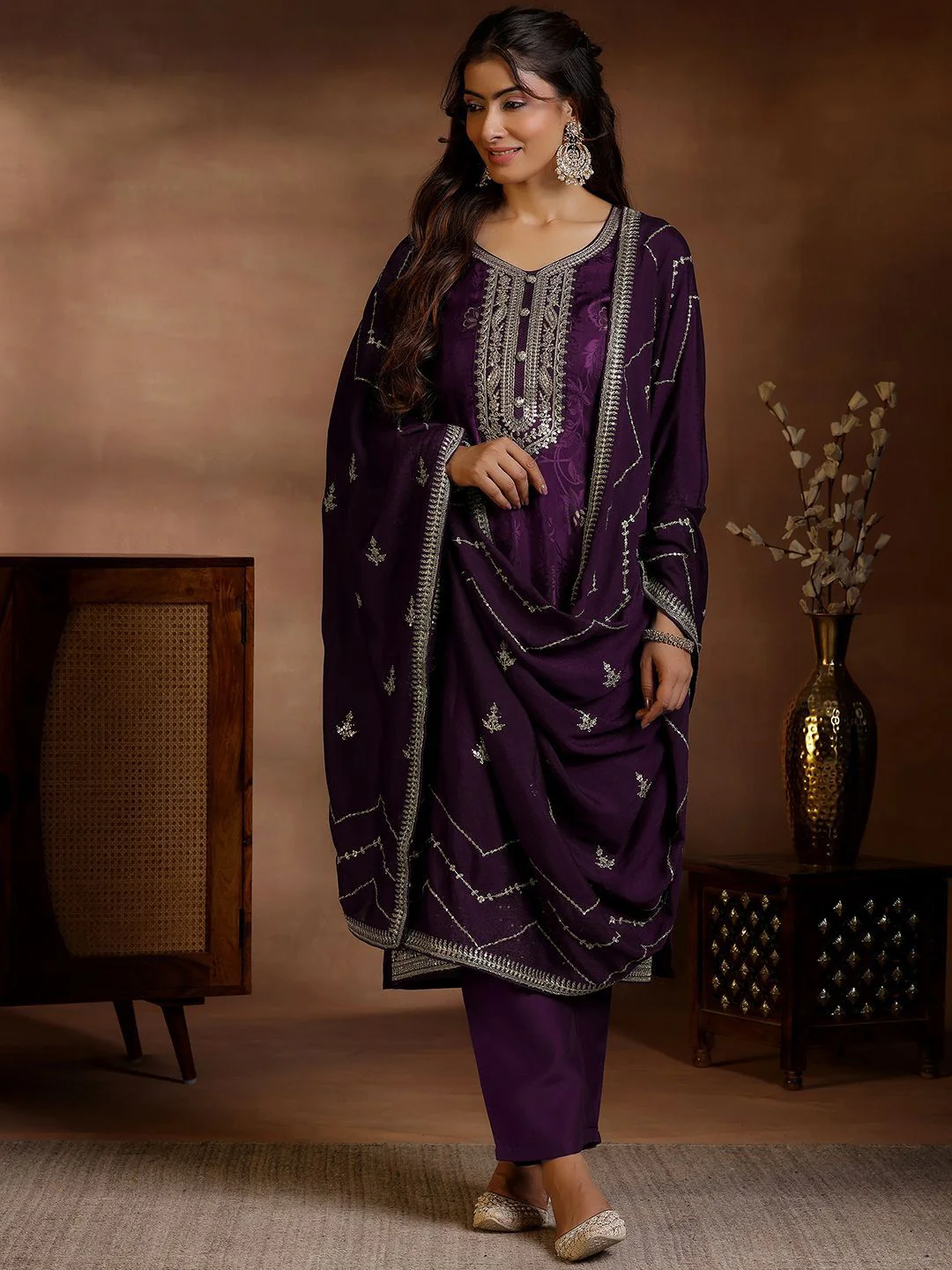 Libas Floral Printed V-Neck Thread Work Straight Kurta With Palazzos & Dupatta - Image 6