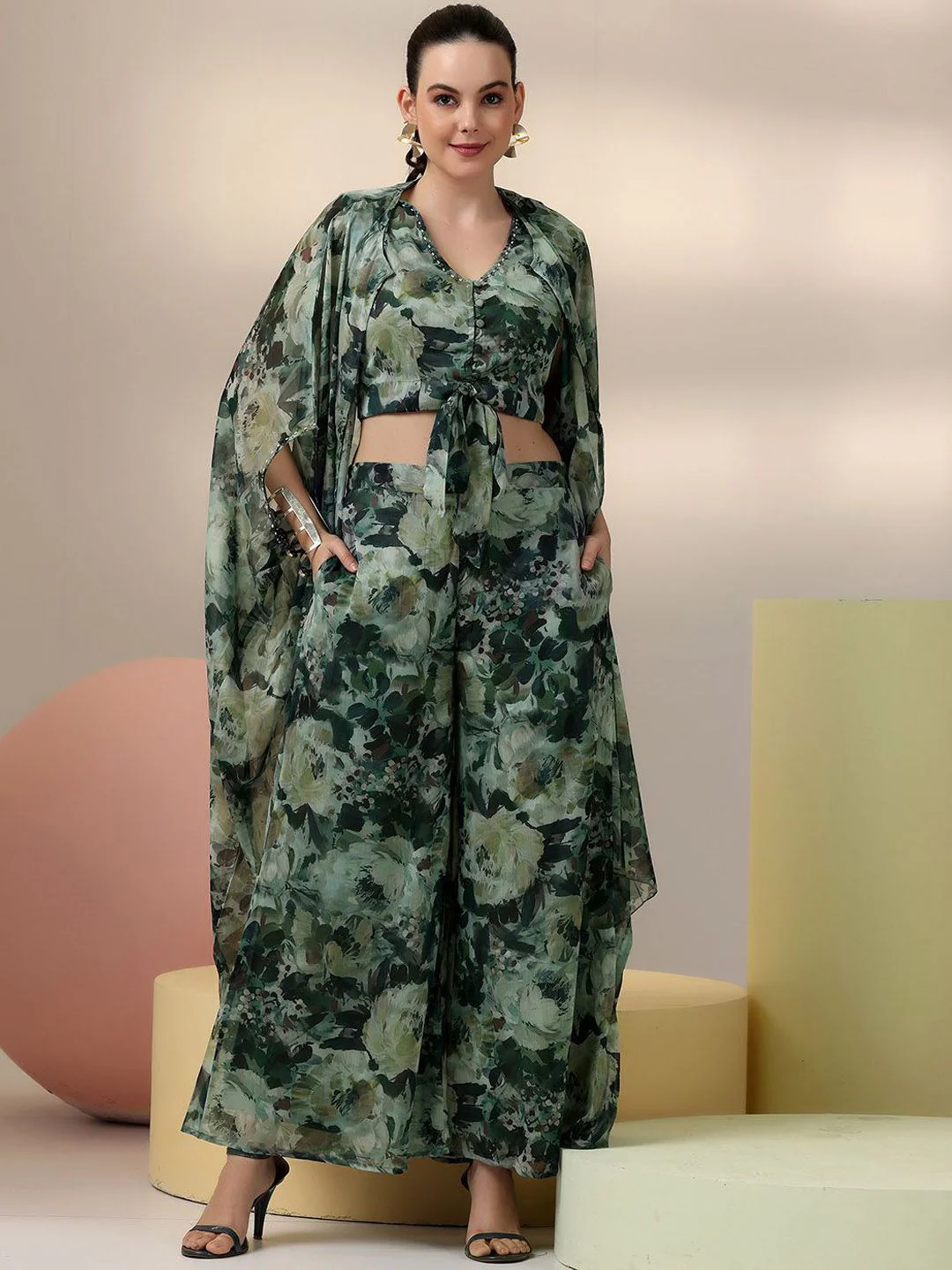 Libas Floral Printed V-Neck Top & Palazzo With Shrug