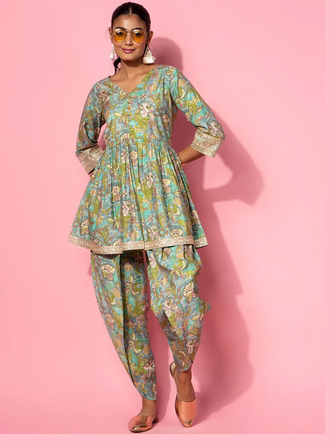 Libas Floral Printed V-Neck Tunic with Dhoti Pant - Image 4