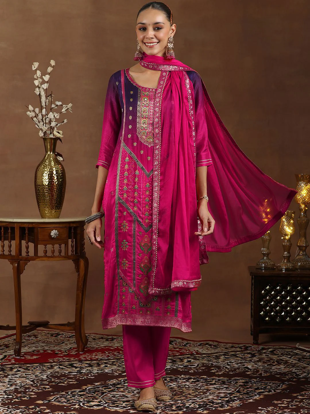 Libas Floral Woven Design Round Neck Kurta with Trousers & Dupatta - Image 2