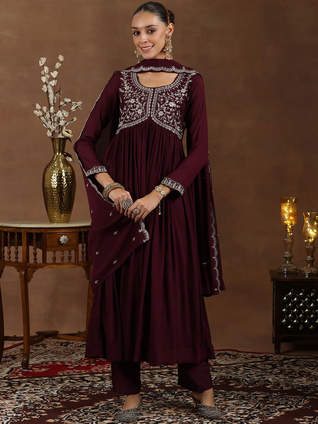 Libas Floral Yoke Design Pleated Sequinned A-Line Kurta With Trouser & Dupatta - Image 2