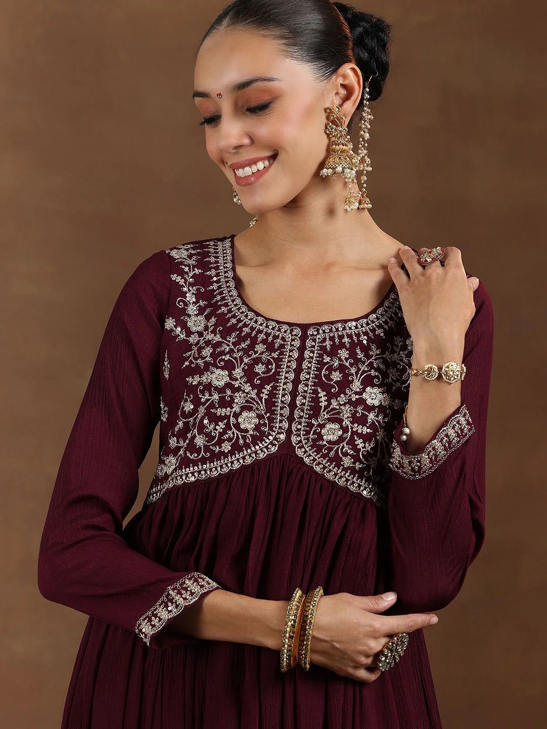 Libas Floral Yoke Design Pleated Sequinned A-Line Kurta With Trouser & Dupatta - Image 3