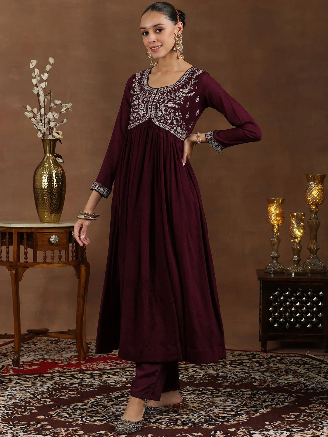Libas Floral Yoke Design Pleated Sequinned A-Line Kurta With Trouser & Dupatta - Image 5