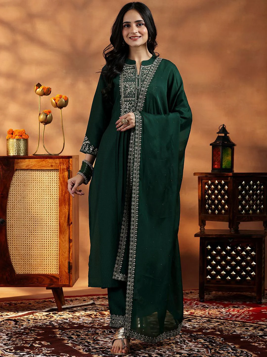 Libas Floral Yoke Design Pleated Sequinned Dobby A-Line Kurta With Palazzo & Dupatta