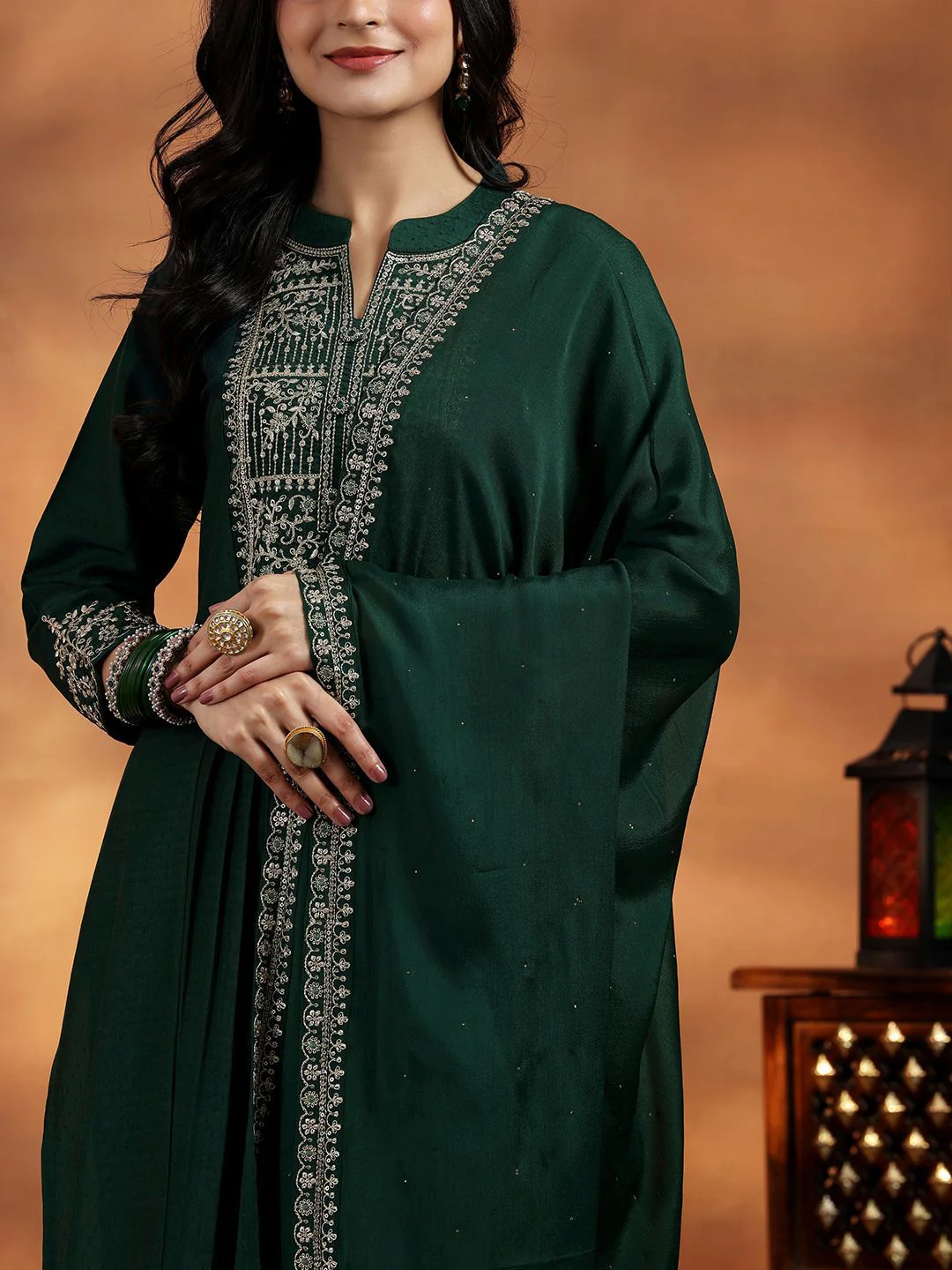 Libas Floral Yoke Design Pleated Sequinned Dobby A-Line Kurta With Palazzo & Dupatta - Image 2