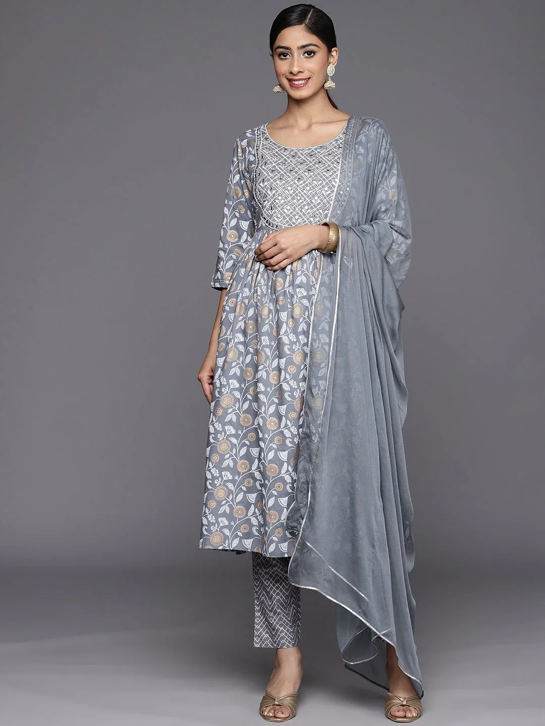 Libas Floral Yoke Design Pleated Thread Work Kurta with Trousers & With Dupatta - Image 4