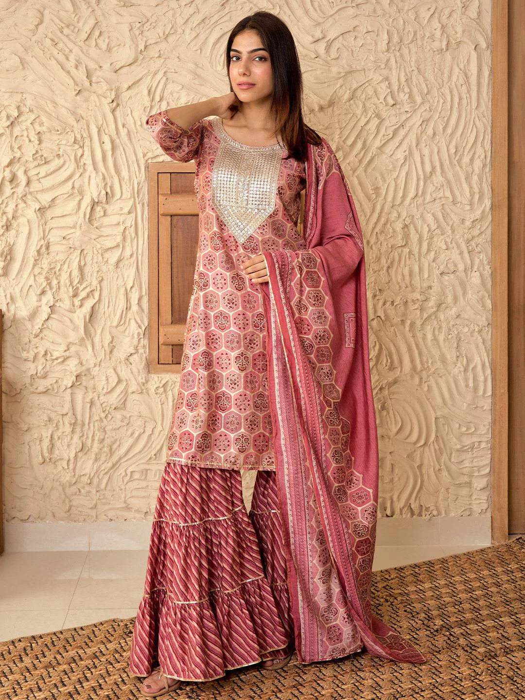 Libas Floral Yoke Design Round Neck Three-Quarter Sleeves Gotta Patti Kurta Set