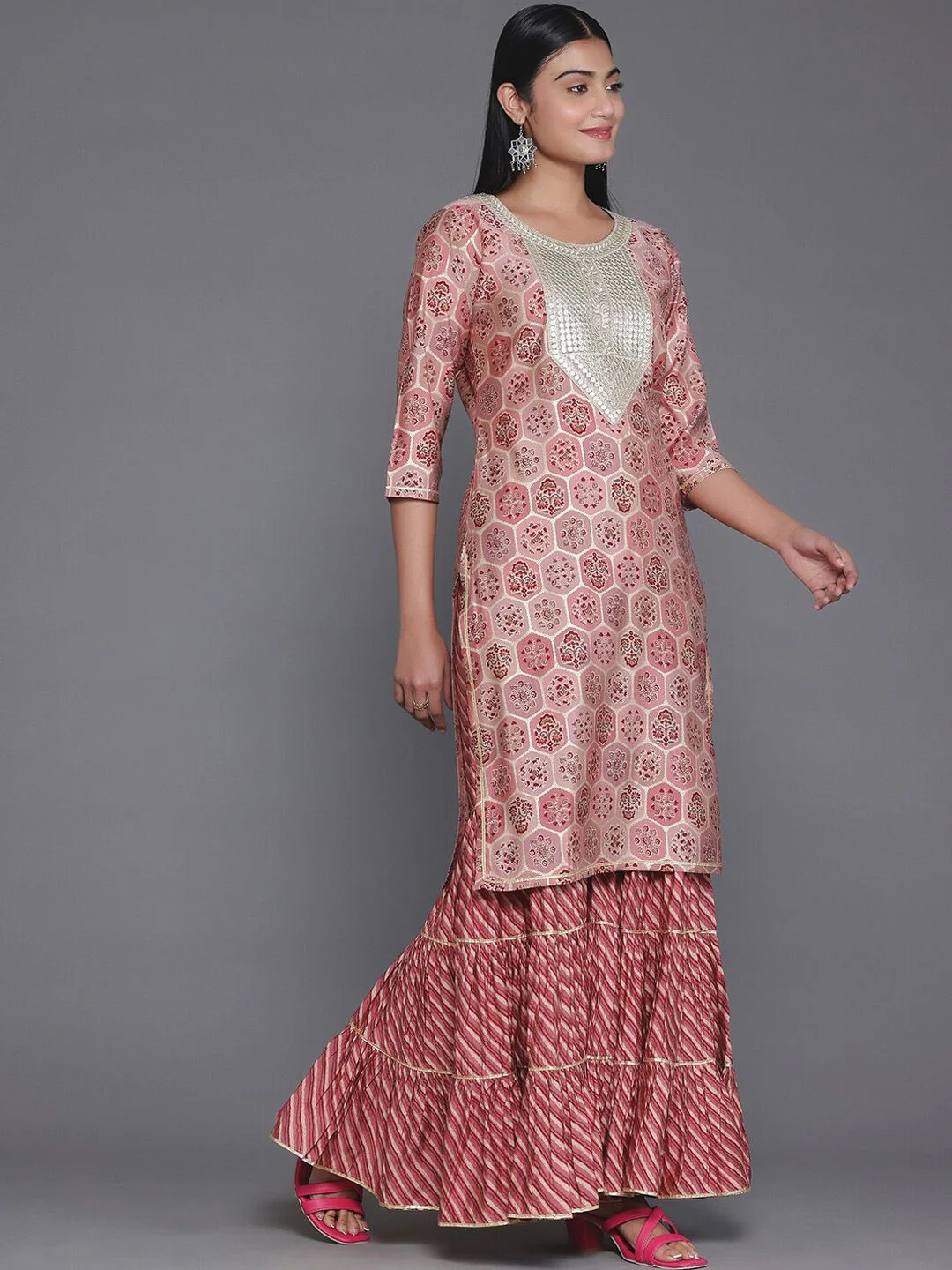 Libas Floral Yoke Design Round Neck Three-Quarter Sleeves Gotta Patti Kurta Set - Image 5