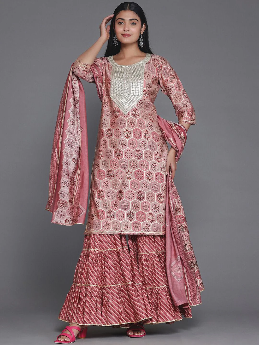 Libas Floral Yoke Design Round Neck Three-Quarter Sleeves Gotta Patti Kurta Set - Image 6