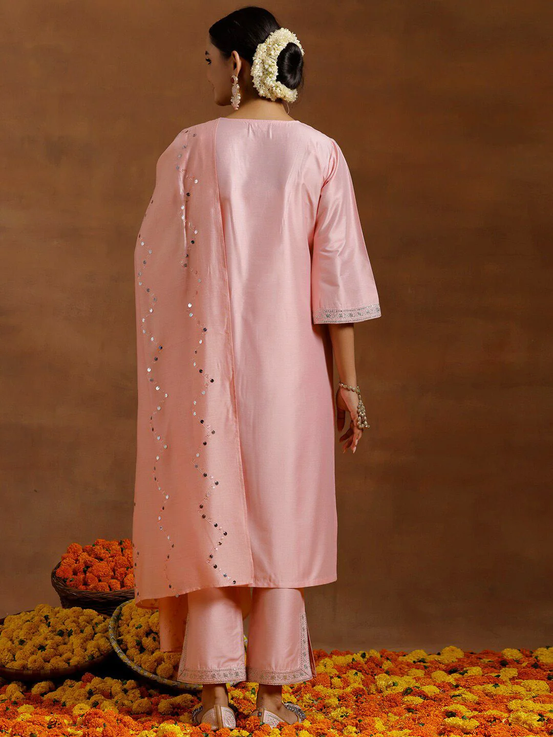 Libas Floral Yoke Design Sequinned Straight Kurta With Trousers & Dupatta - Image 4