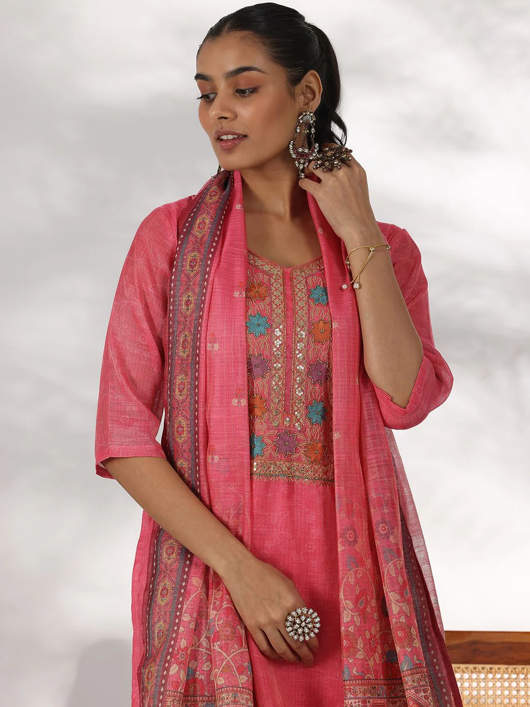 Libas Floral Yoke Design Sequinned Straight Kurta with Trousers & With Dupatta - Image 2