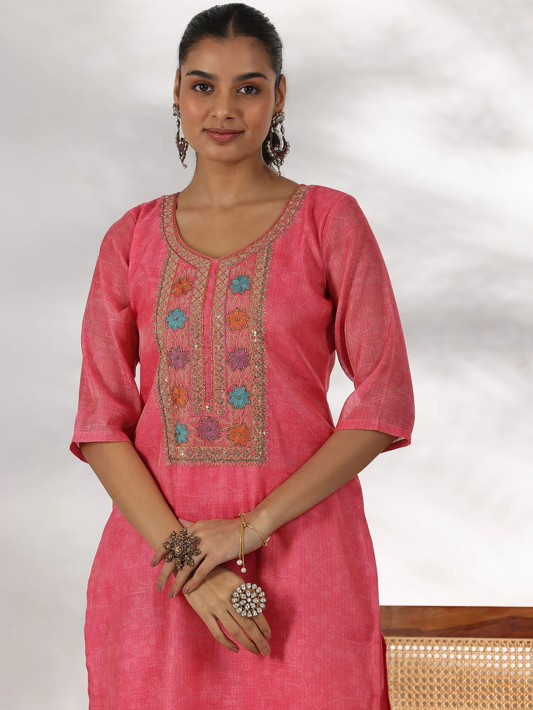 Libas Floral Yoke Design Sequinned Straight Kurta with Trousers & With Dupatta - Image 6
