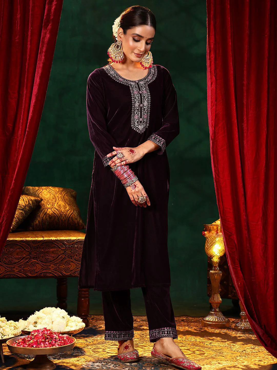 Libas Floral Yoke Design Sequinned Velvet Straight Kurta with Trousers & With Dupatta - Image 3