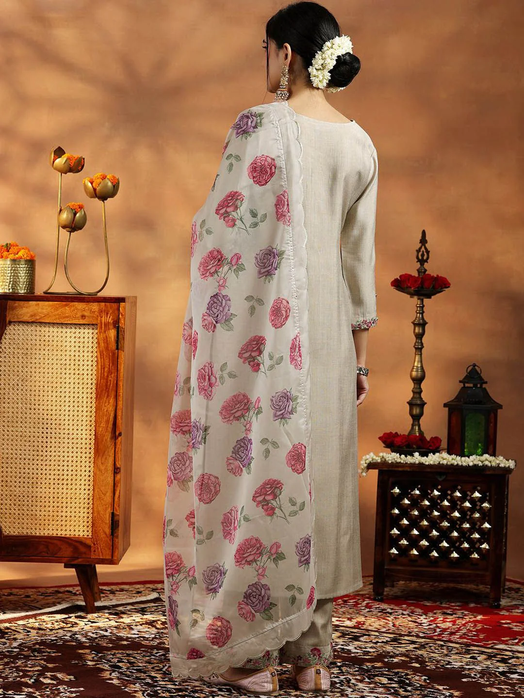 Libas Floral Yoke Design V-Neck Thread Work A-Line Kurta With Trousers And Dupatta - Image 5
