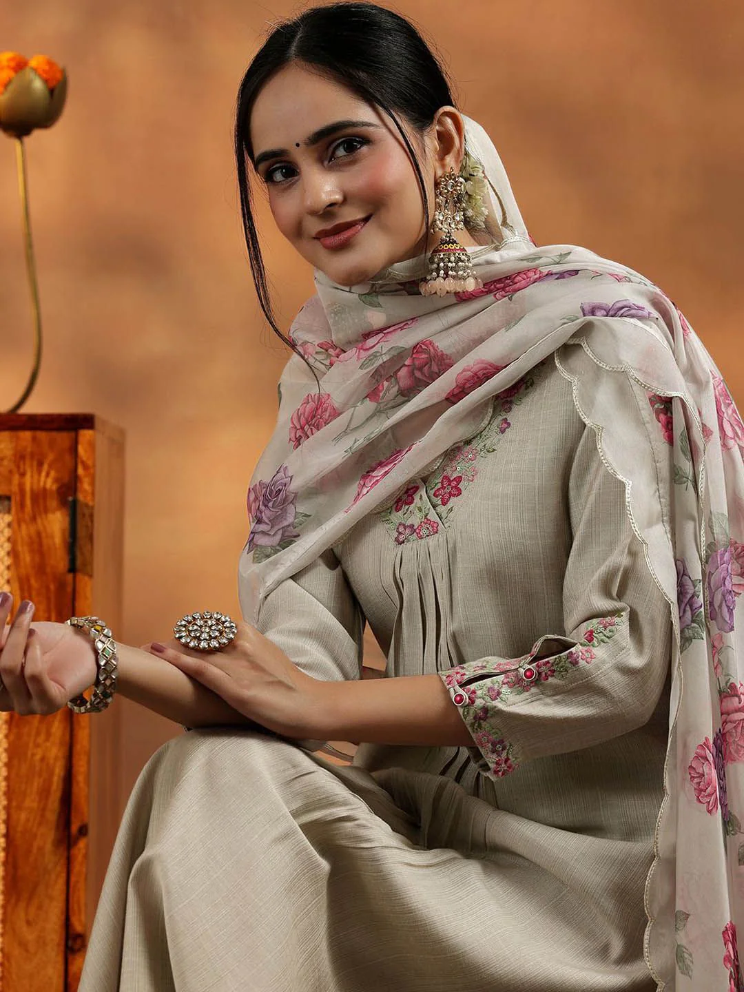 Libas Floral Yoke Design V-Neck Thread Work A-Line Kurta With Trousers And Dupatta - Image 6