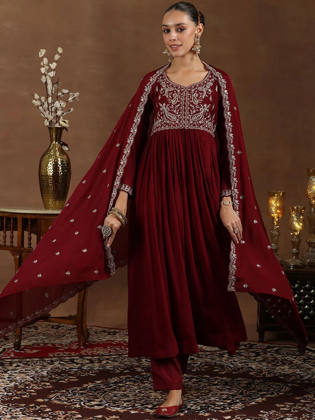 Libas Floral Yoke Design Zari Anarkali Kurta with Trousers & Dupatta - Image 4