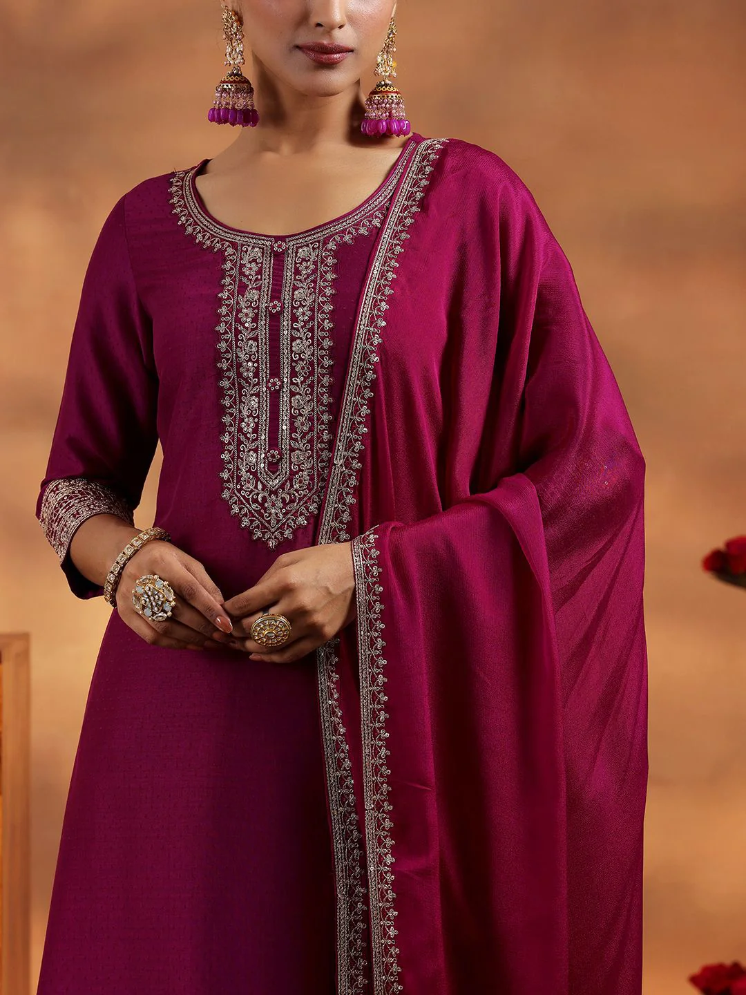 Libas Floral Yoke Design Zari Regular A Line Kurta with Trousers & Dupatta - Image 2