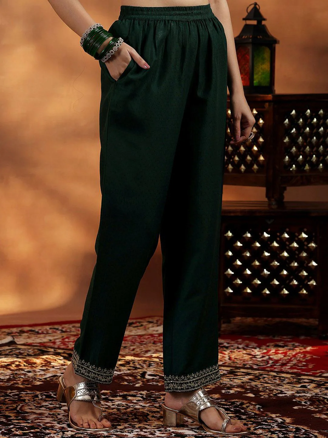 Libas Floral Yoke Design Zari Work Pleated Dobby Weave A-Line Kurta With Trouser & Dupatta - Image 3