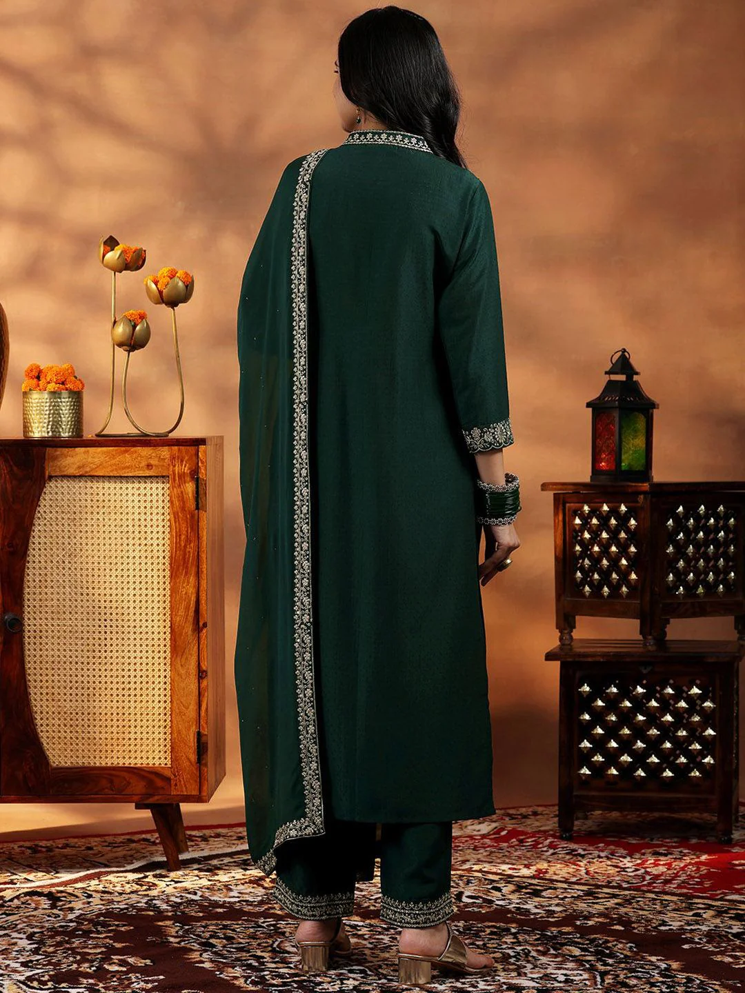 Libas Floral Yoke Design Zari Work Pleated Dobby Weave A-Line Kurta With Trouser & Dupatta - Image 4