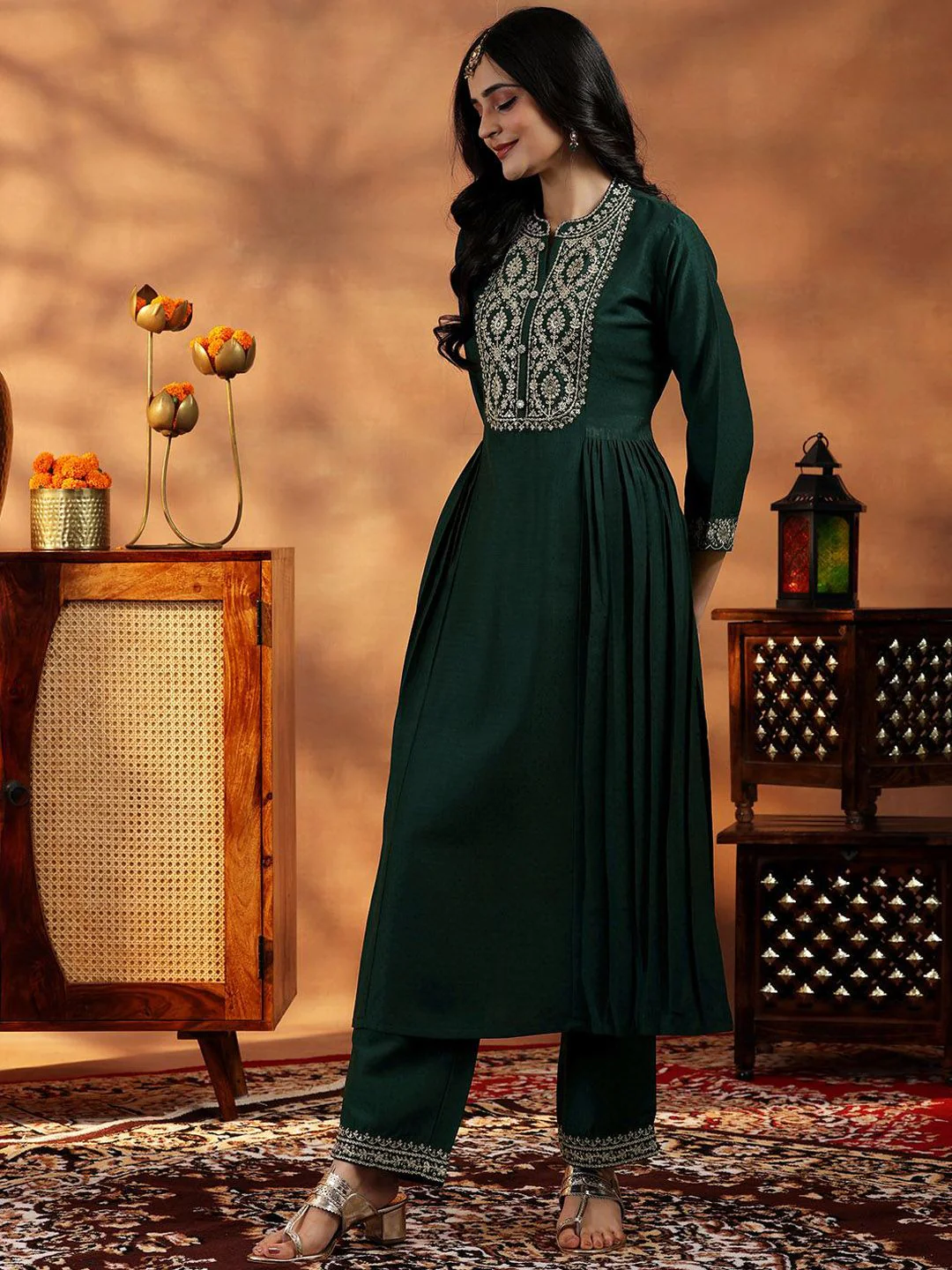 Libas Floral Yoke Design Zari Work Pleated Dobby Weave A-Line Kurta With Trouser & Dupatta - Image 5