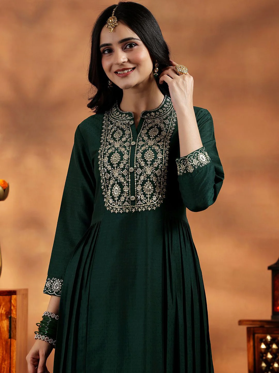 Libas Floral Yoke Design Zari Work Pleated Dobby Weave A-Line Kurta With Trouser & Dupatta - Image 7