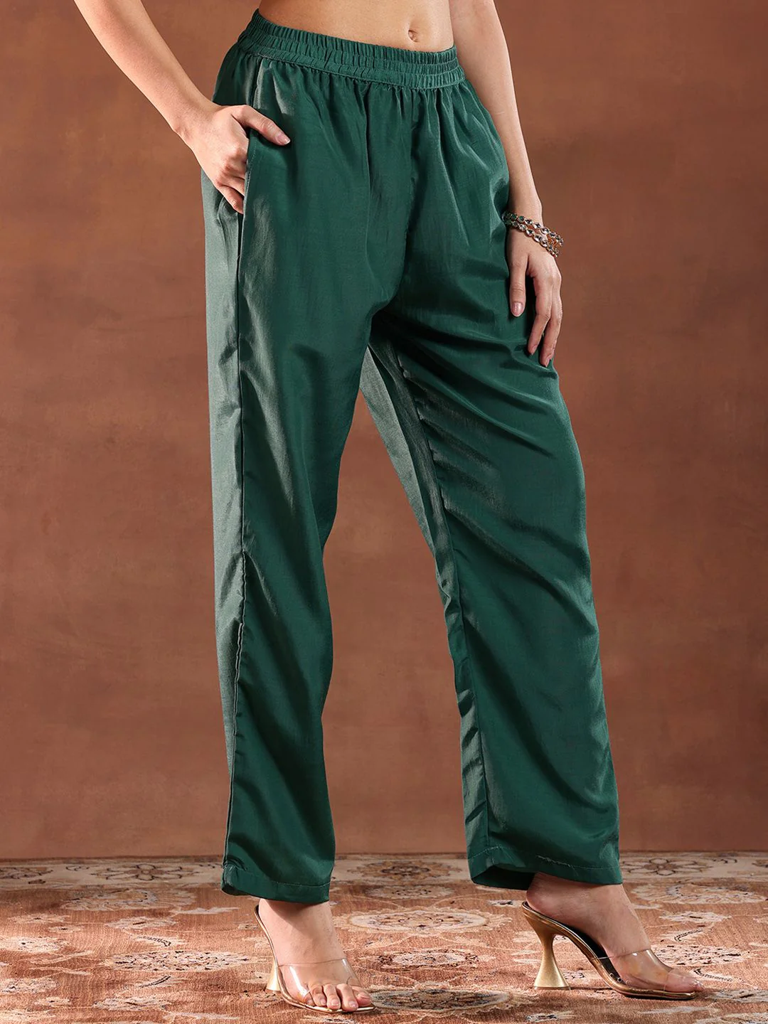 Libas Green and Gold Ethnic Motifs Woven Design Straight Kurta with Trouser & Dupatta - Image 7