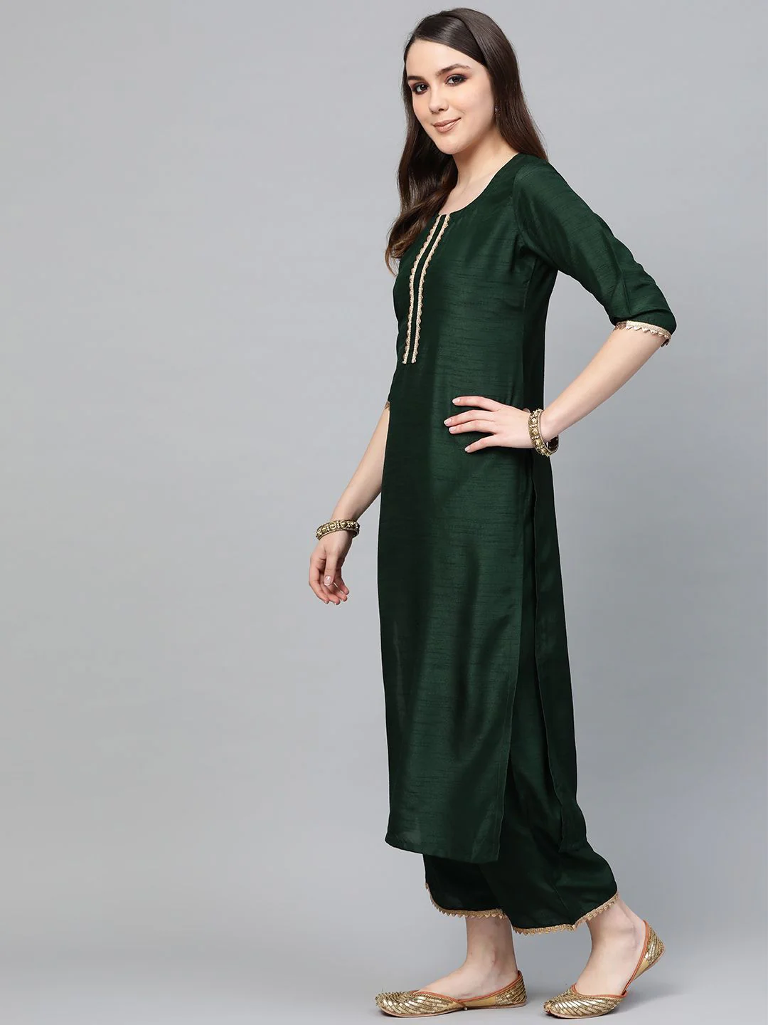 Libas Hunter Green Gotta Chanderi Kurta Set with Festive Traditional Stole - Image 4