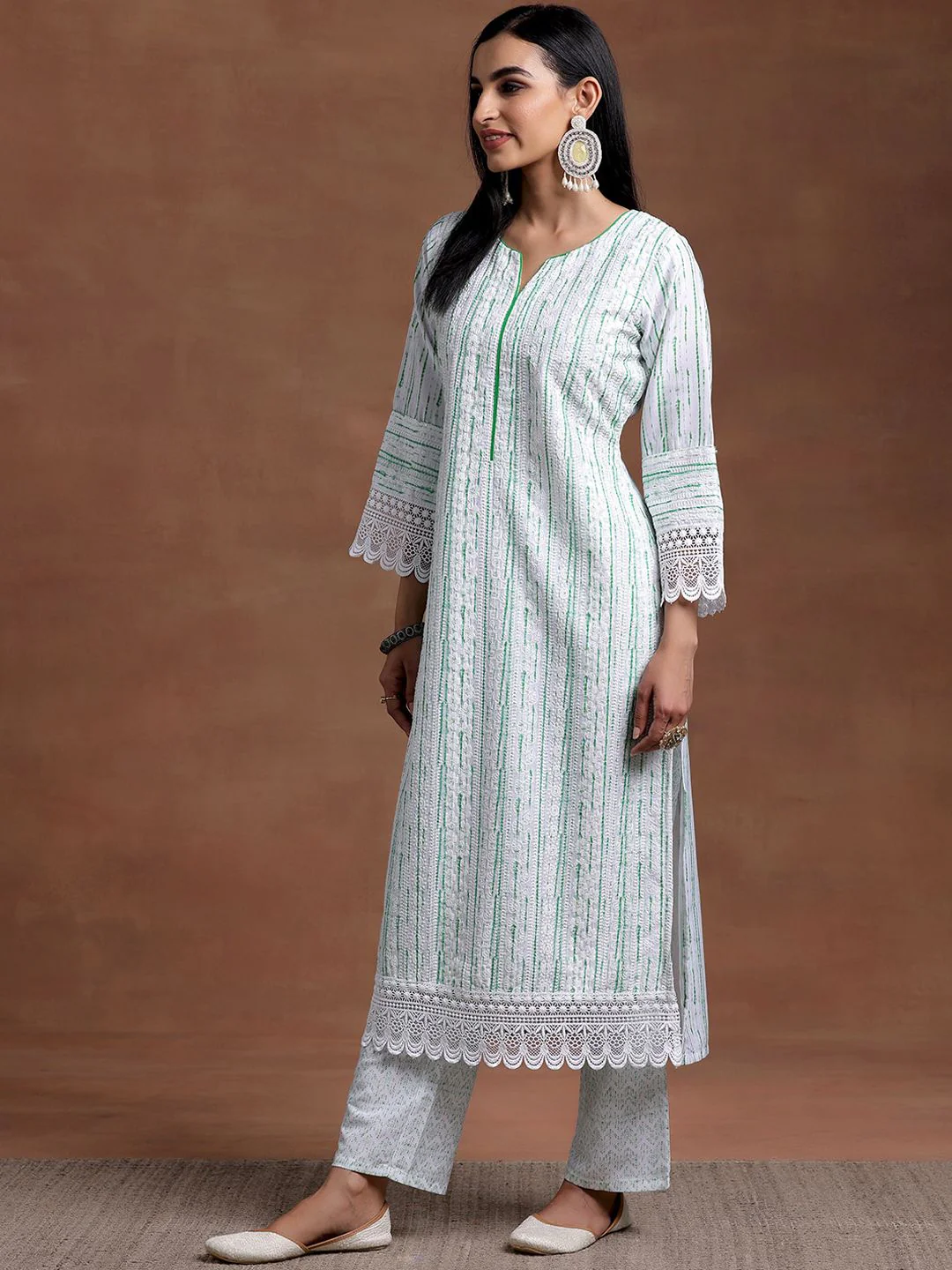 Libas Notched Neck Flared Sleeves Floral Embroidered Straight Kurta with Palazzo & Dupatta - Image 2