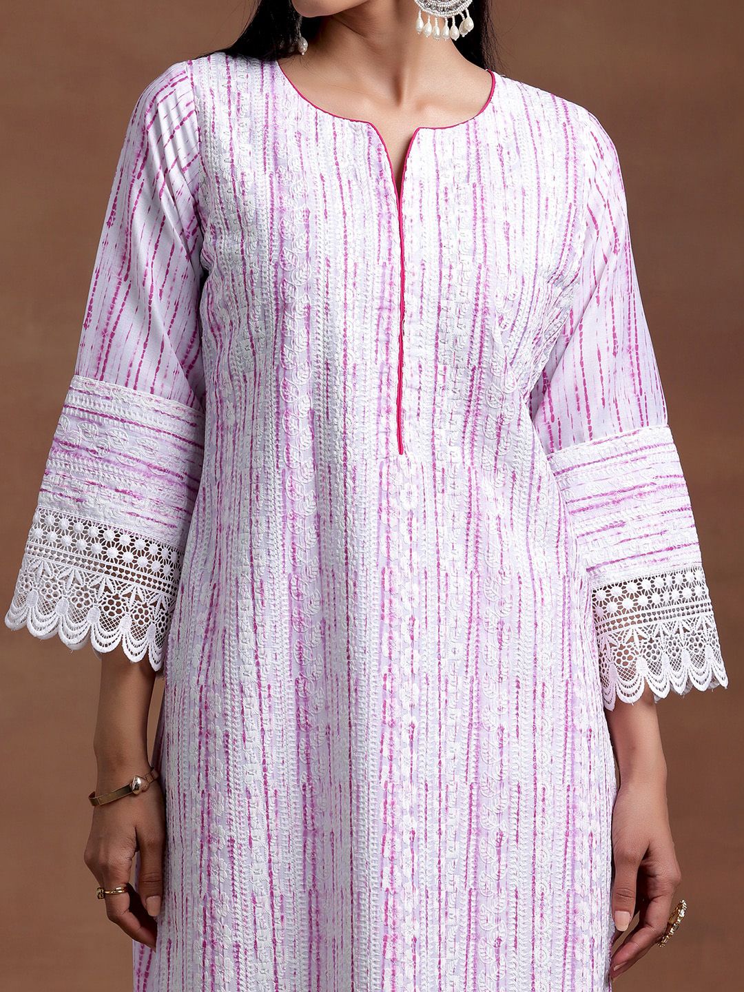 Libas Notched Neck Flared Sleeves Floral Embroidered Straight Kurta with Palazzo & Dupatta - Image 2