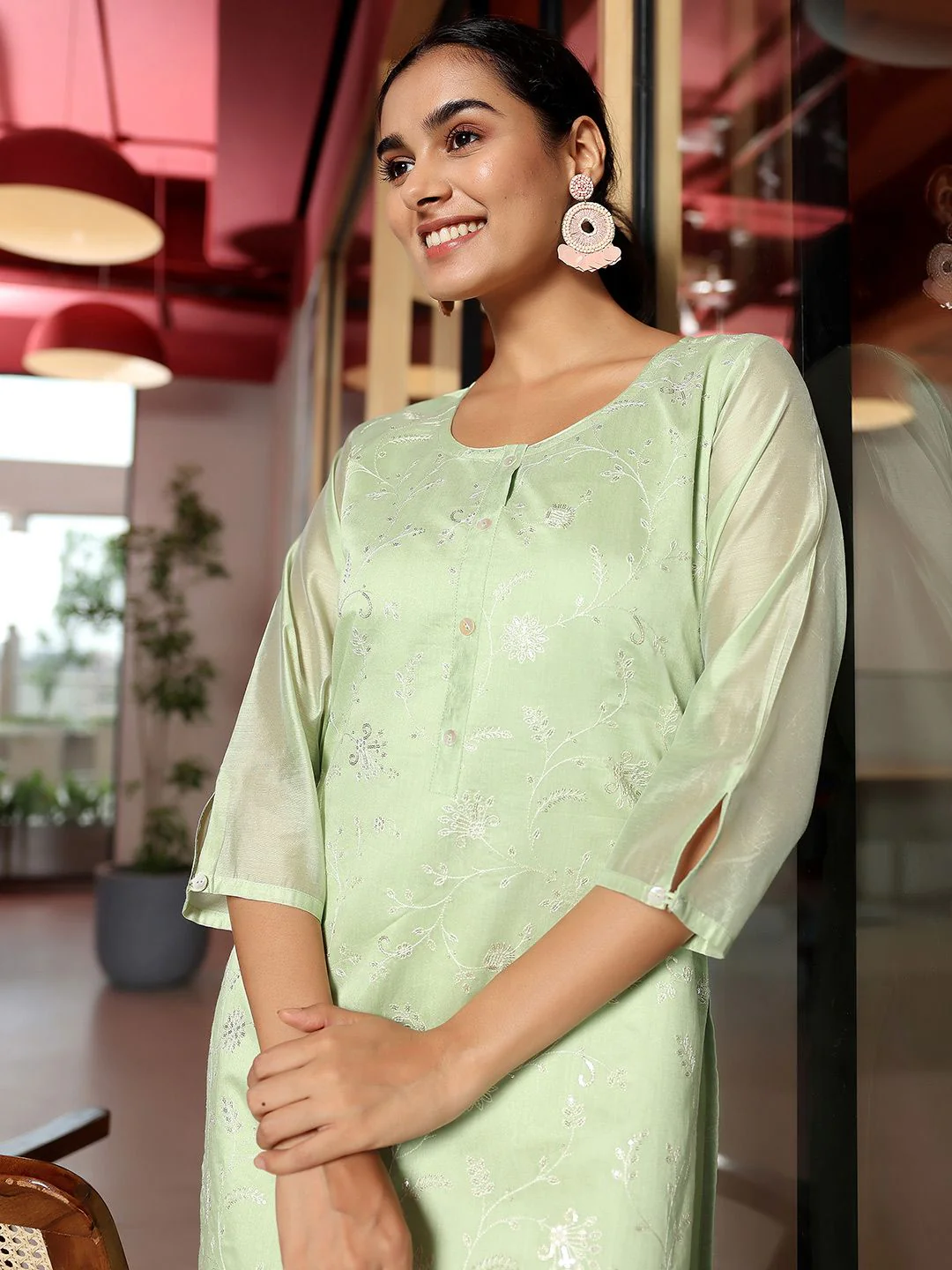 Libas Round Neck Thread Work Chanderi Silk Straight Kurta - Image 2