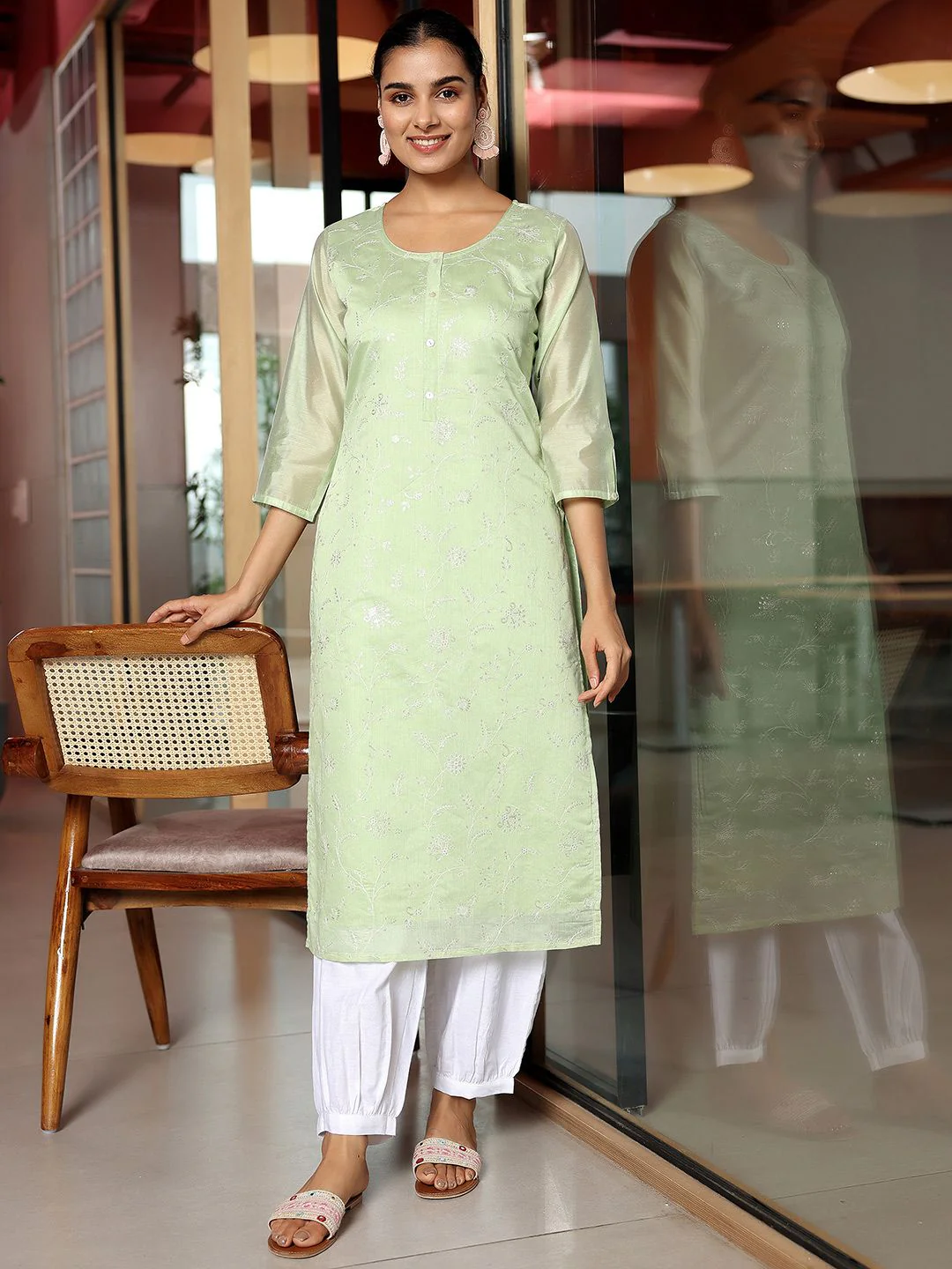 Libas Round Neck Thread Work Chanderi Silk Straight Kurta - Image 6