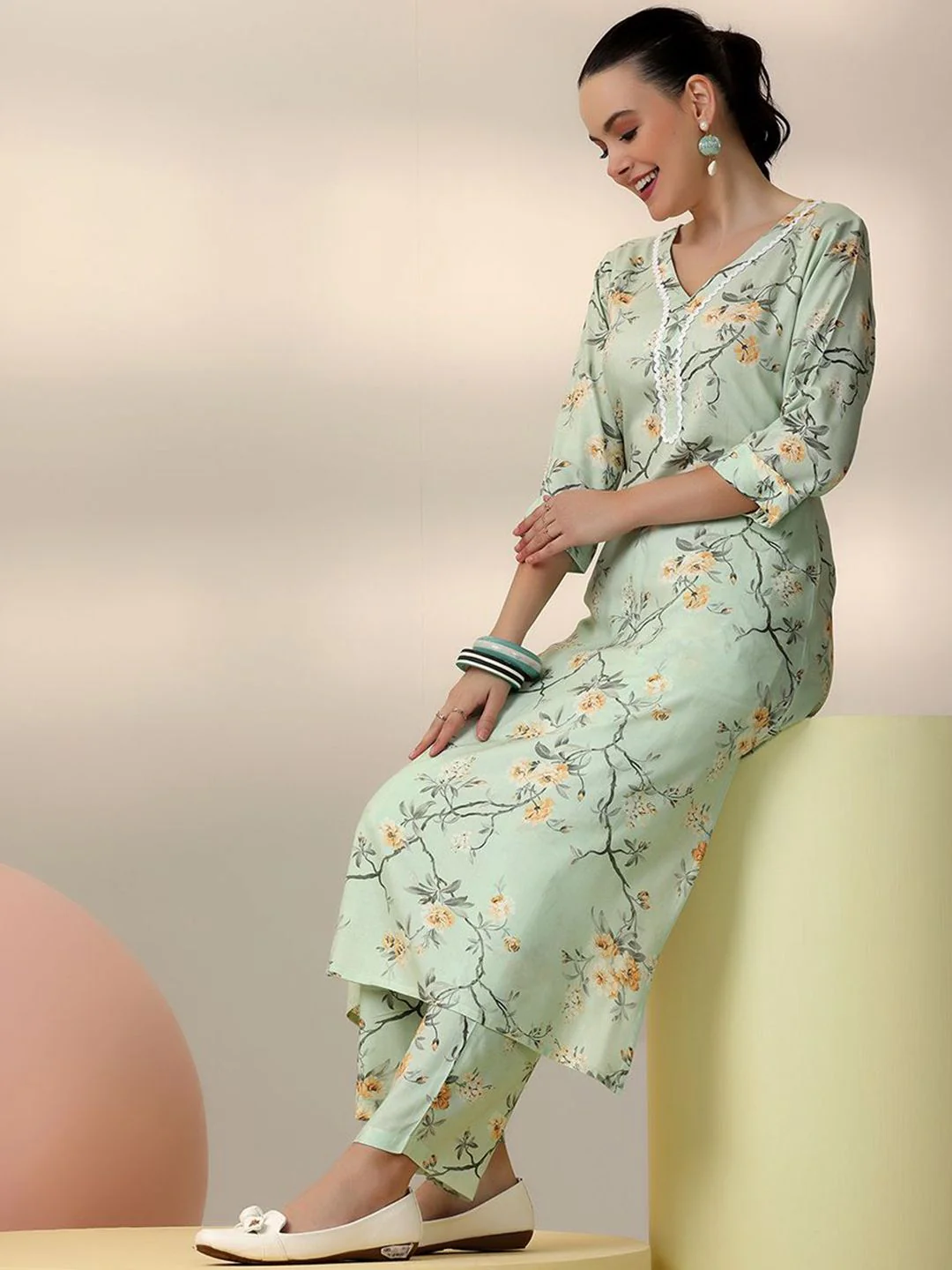 Libas Sea Green Floral Printed V-Neck Tunic With Palazzo - Image 6