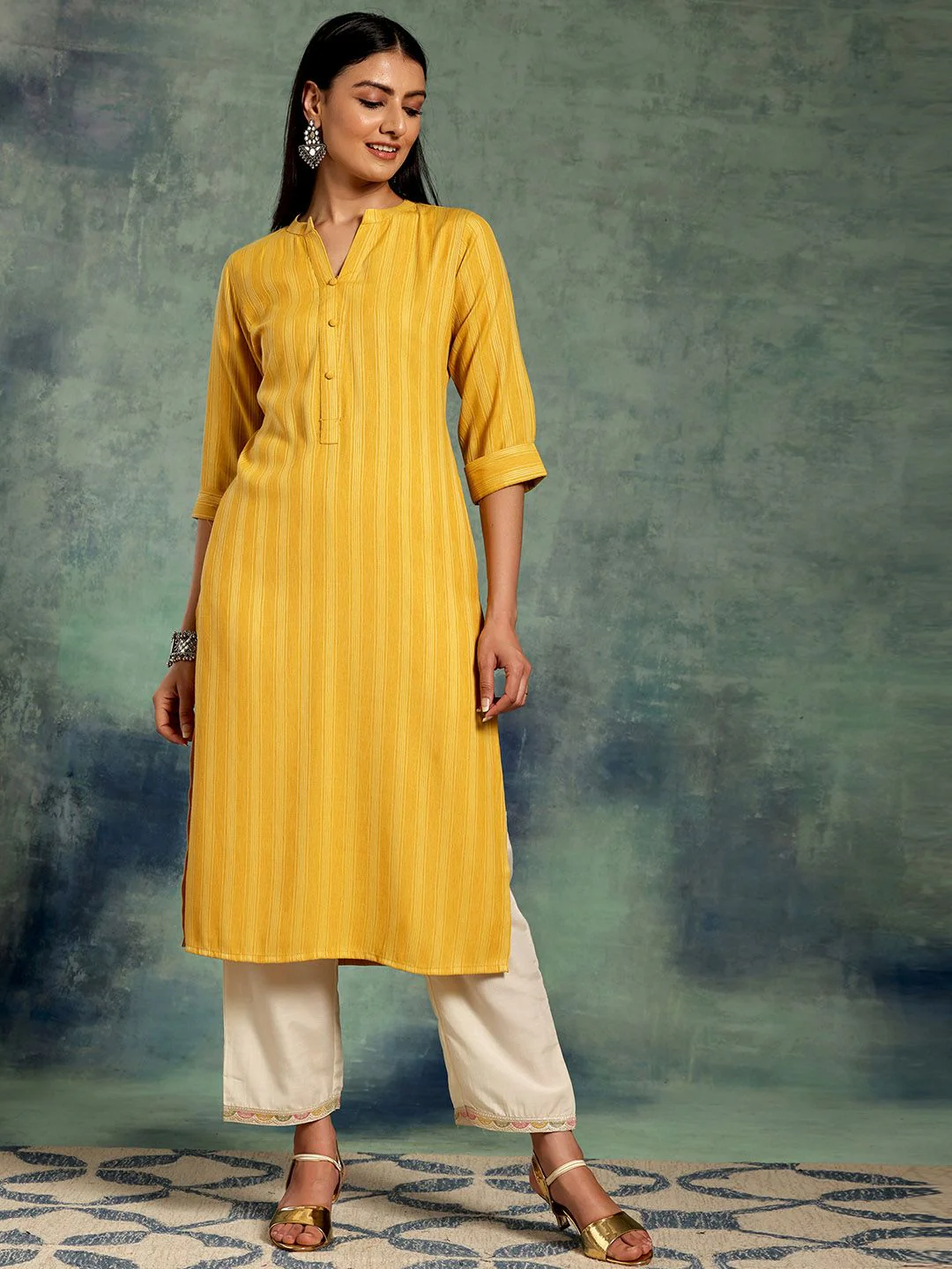 Libas Striped Mandarin Collar Straight Kurta - Image 5