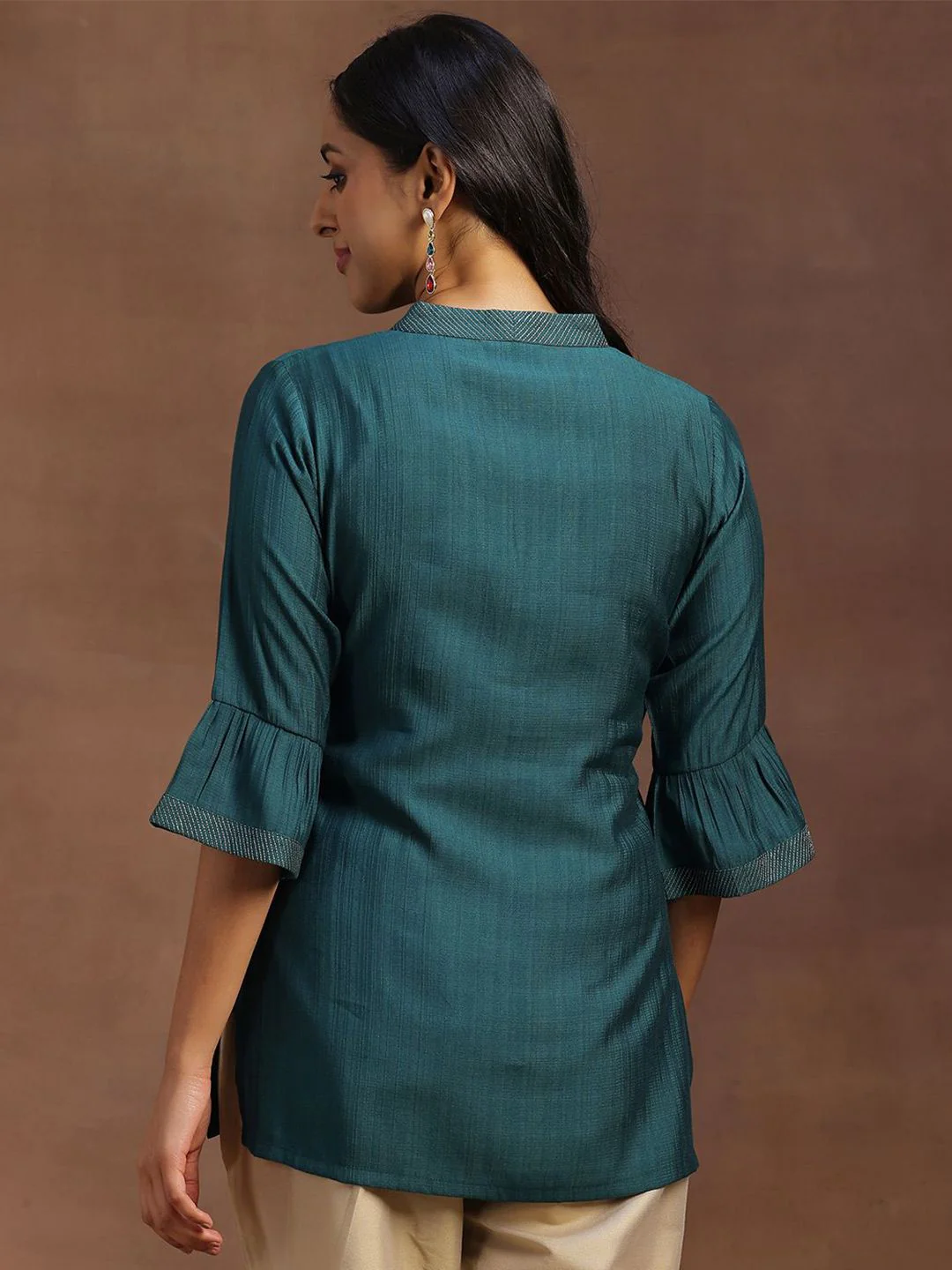 Libas Striped V-Neck Bell Sleeves Zari Straight Kurti - Image 5