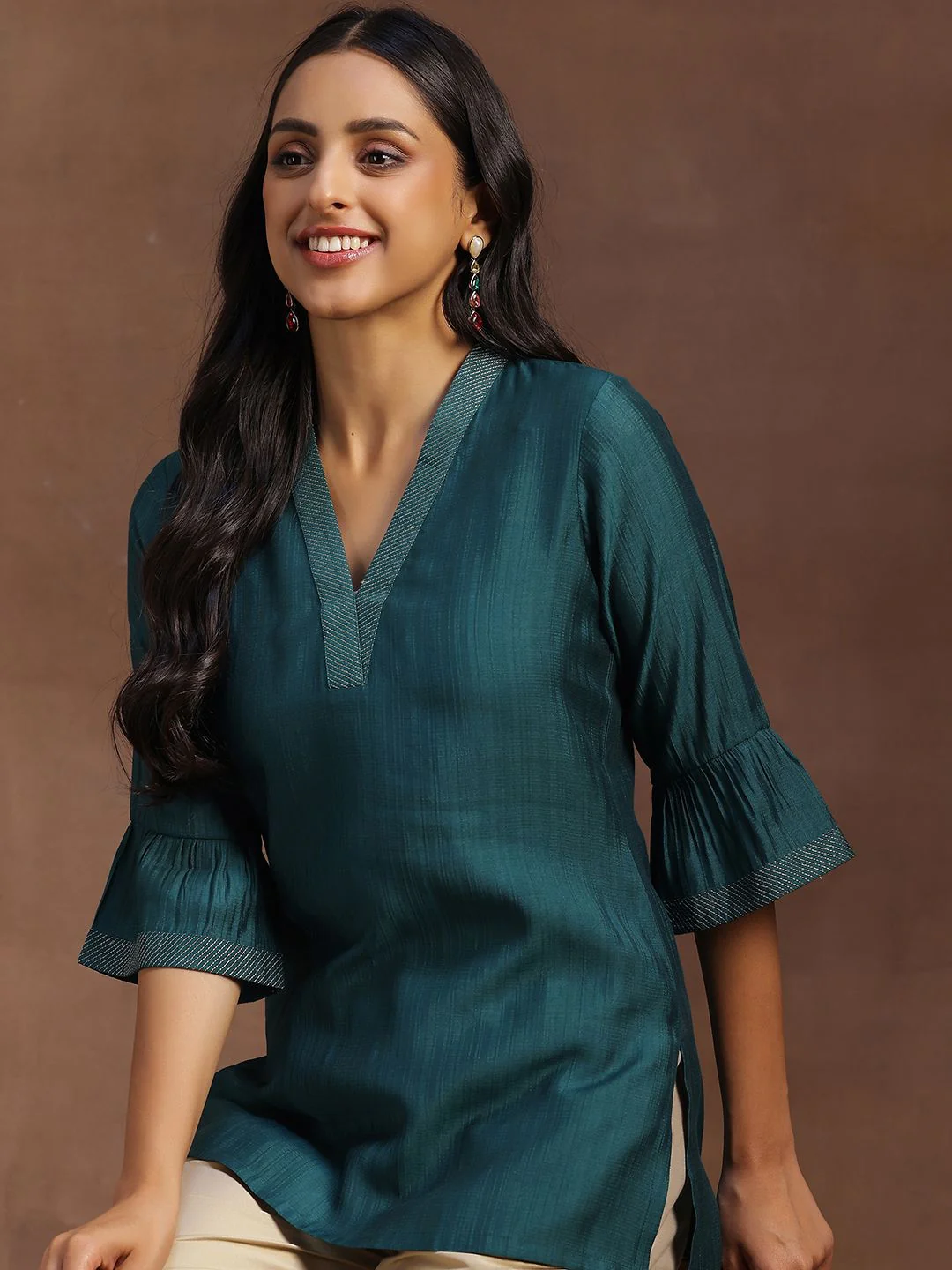 Libas Striped V-Neck Bell Sleeves Zari Straight Kurti - Image 6