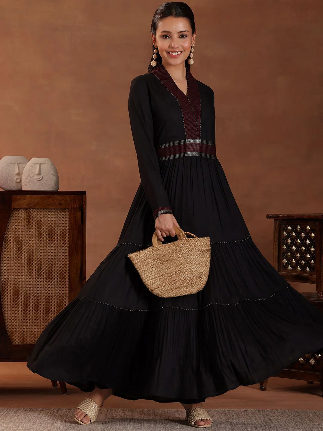 Libas Striped V-Neck Thread Work Viscose Rayon Anarkali Kurta with Trousers - Image 6