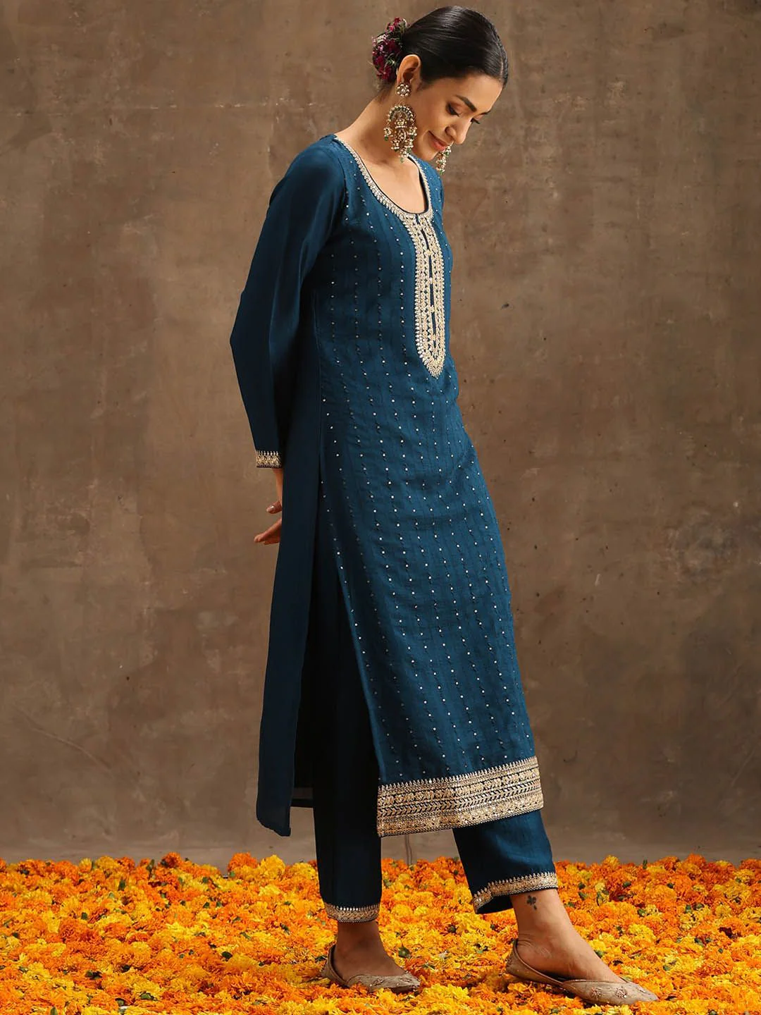 Libas Teal & Gold-Toned Ethnic Motifs Embroidered Sequined Kurta with Trousers & Dupatta - Image 3