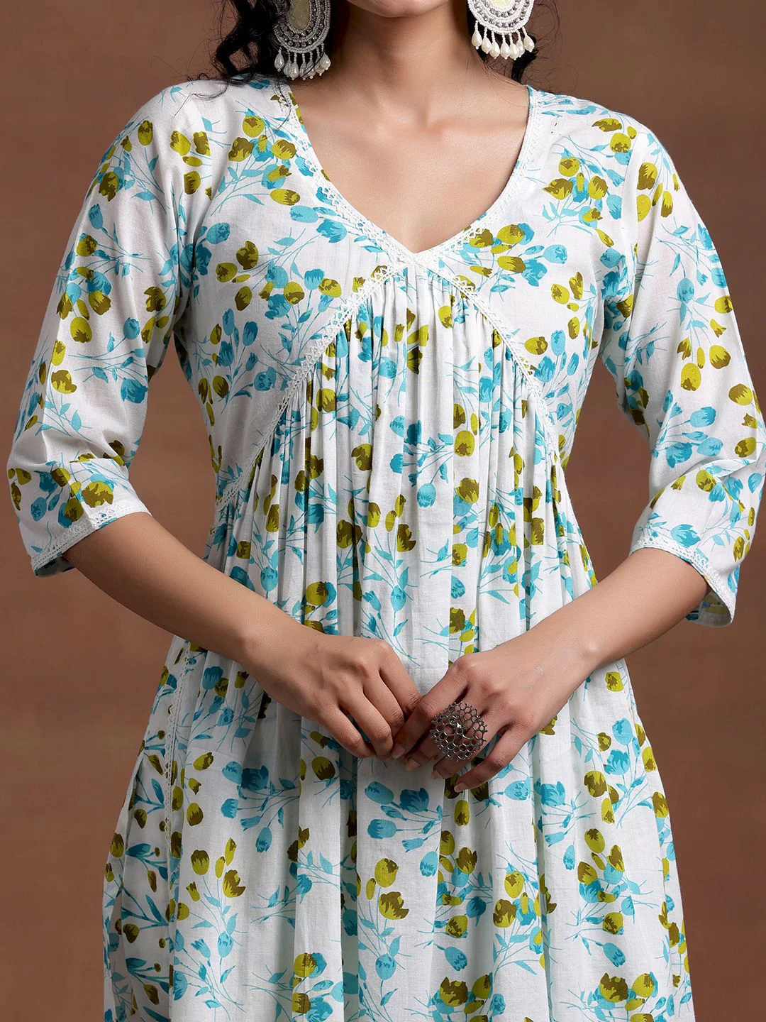 Libas V Neck Floral Printed Pleated Pure Cotton A Line Kurta with Palazzo & Dupatta - Image 2