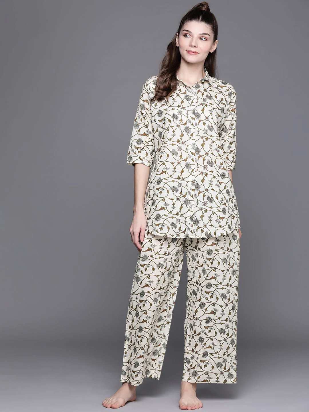 Libas White Cotton Printed Shirt And White Cotton Printed Pyjamas With Both Side Pocket - Image 4