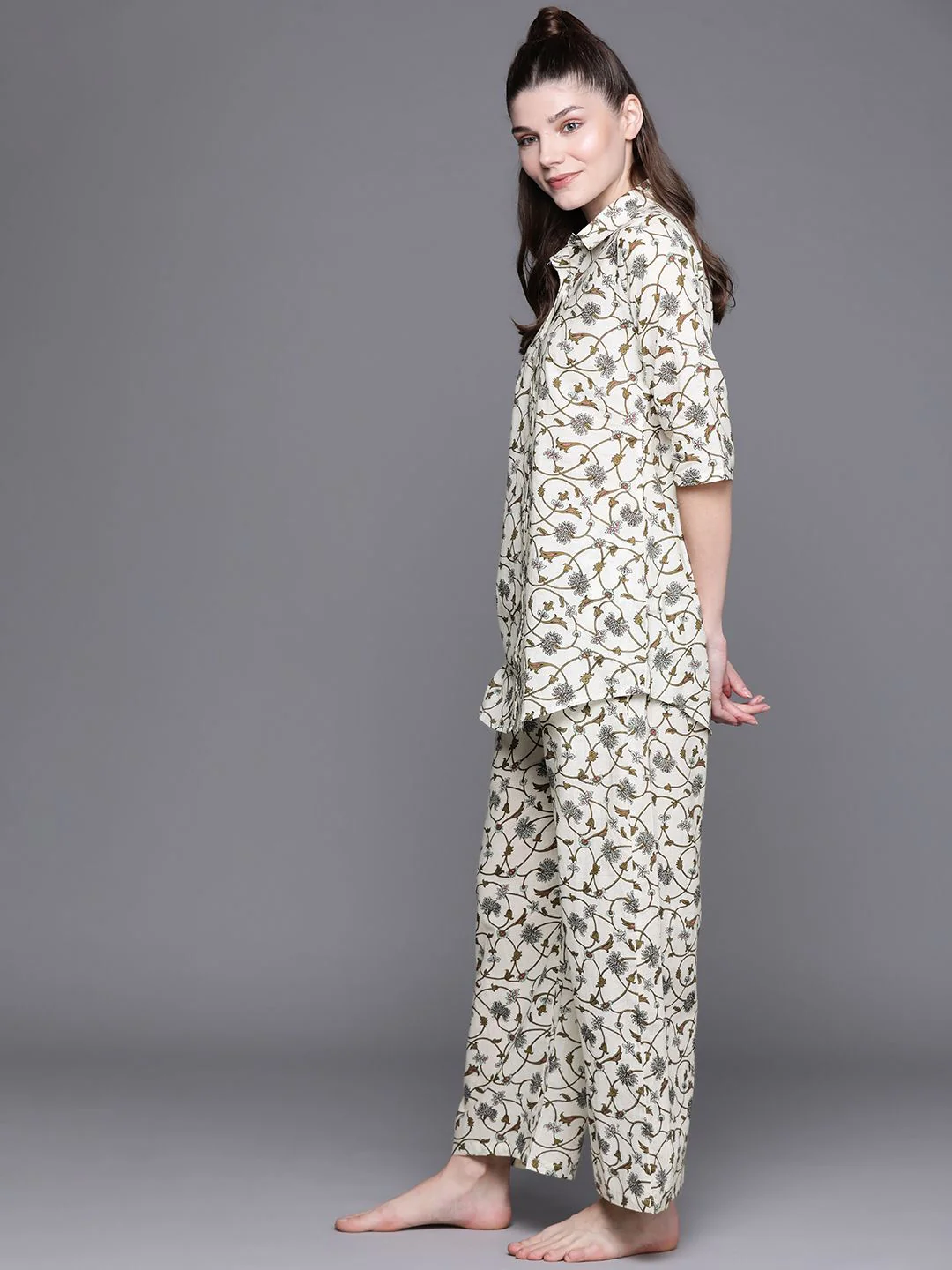 Libas White Cotton Printed Shirt And White Cotton Printed Pyjamas With Both Side Pocket - Image 6