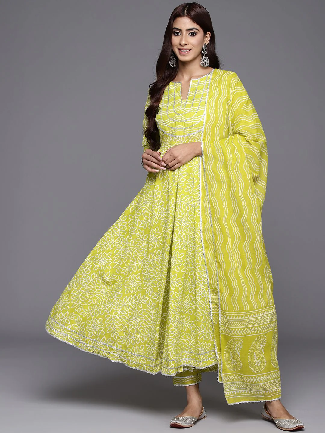 Libas Womens Green Yoke Design Cotton Anarkali Kurta With Trousers & Dupatta - Image 4