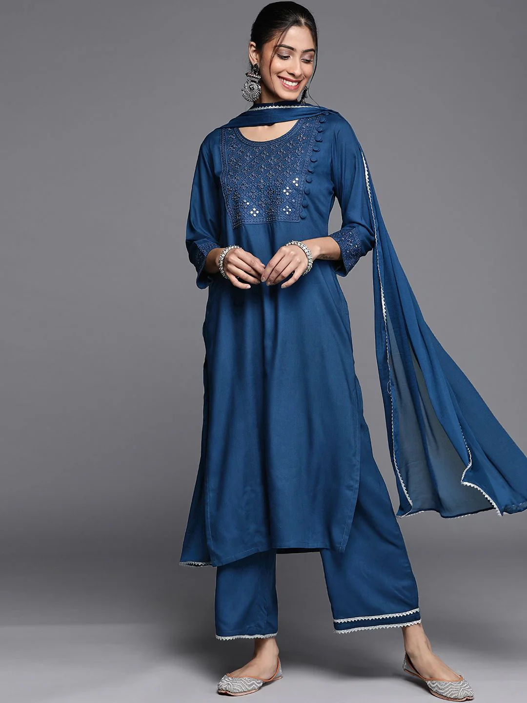 Libas Women Blue Embroidered Kurta with Palazzos & Dupatta - Image 6