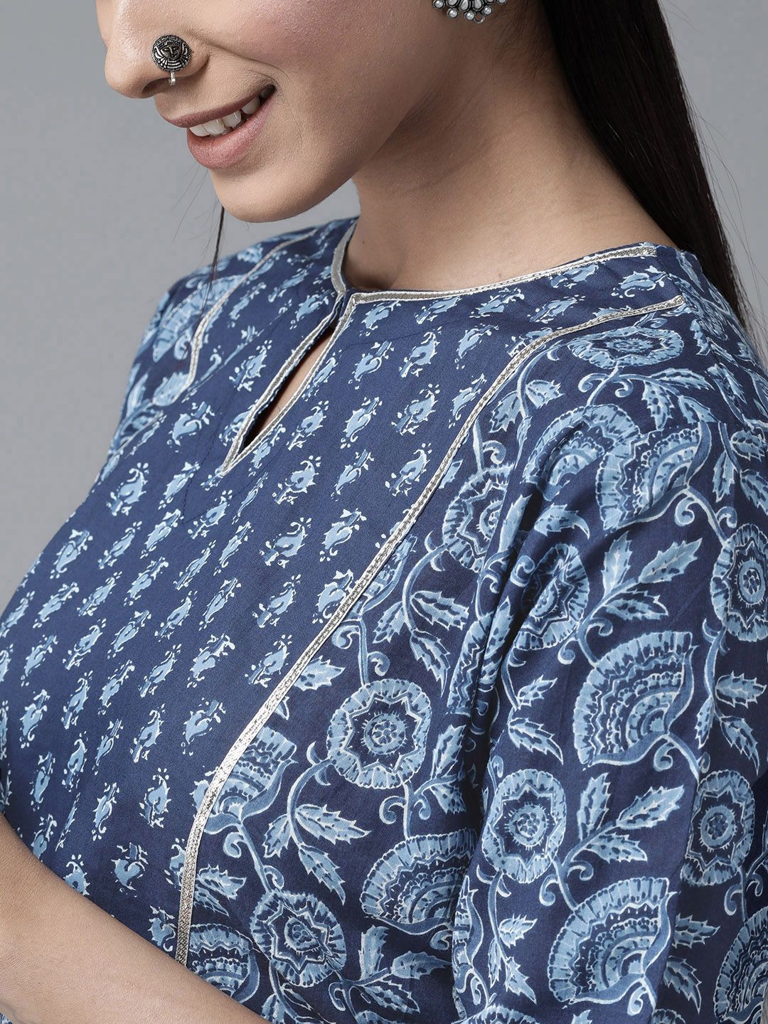 Libas Women Blue Floral Printed Keyhole Neck Gotta Patti Kurta - Image 3