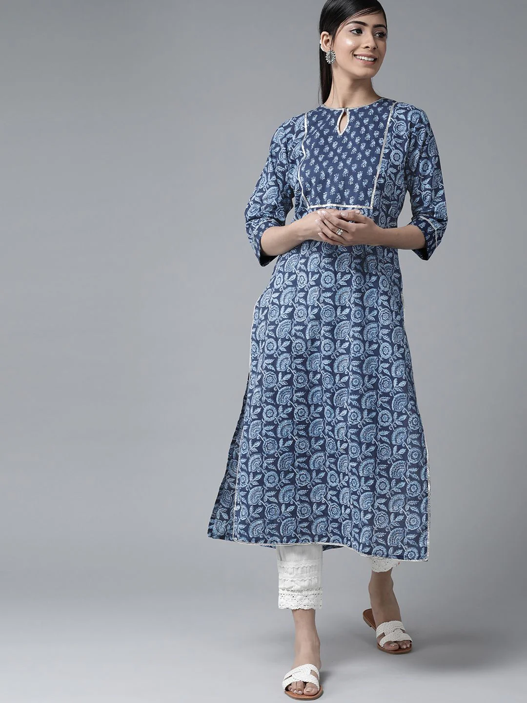 Libas Women Blue Floral Printed Keyhole Neck Gotta Patti Kurta - Image 4