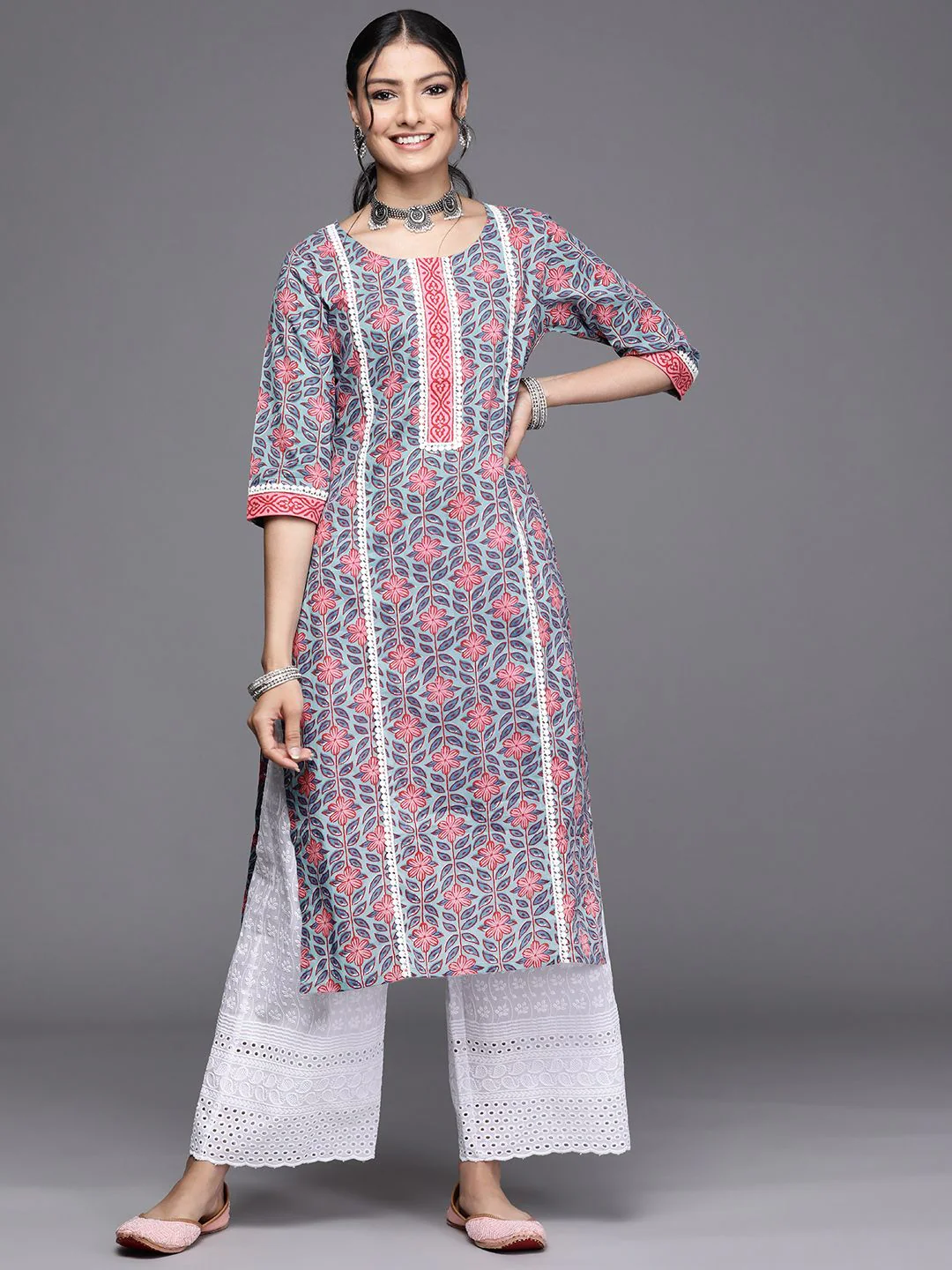 Libas Women Blue & Pink Floral Motifs Printed Kurta - Image 5