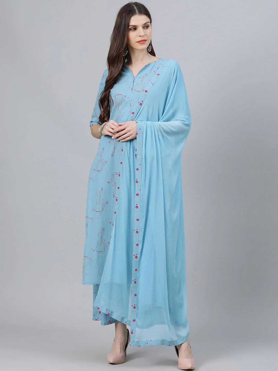 Libas Women Blue Printed Kurta with Palazzos & With Dupatta - Image 4
