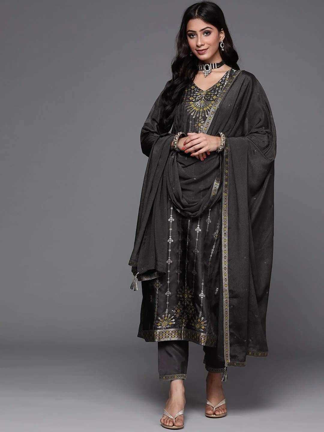 Libas Women Charcoal Grey & Mustard Yellow Ethnic Zari Straight Kurta Trousers Dupatta