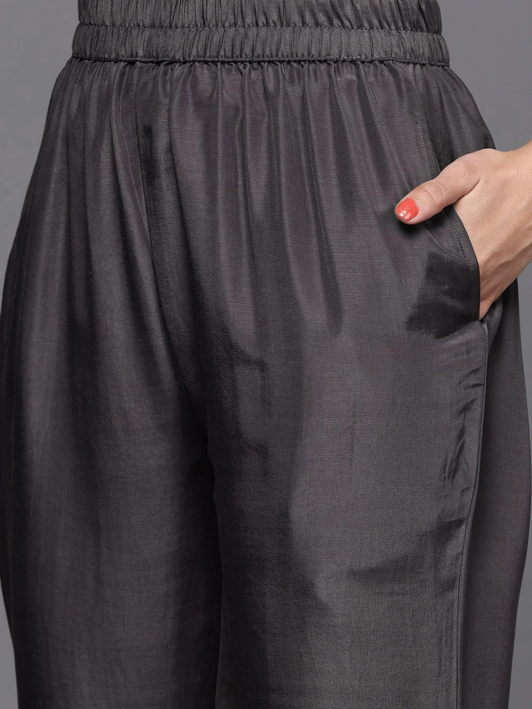 Libas Women Charcoal Grey & Mustard Yellow Ethnic Zari Straight Kurta Trousers Dupatta - Image 3